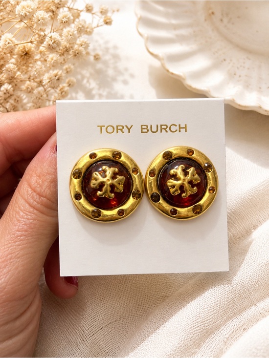 Tory Burch Jewelry - Nwt Tory Burch Gold & Amber Logo Button Earrings
